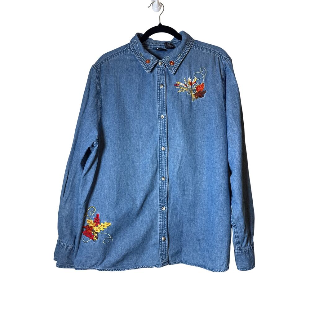 Holiday Editions Harvest Fall Autumn Embroidered Leaves Denim Button Down Shirt